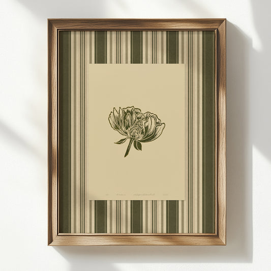 Monochrome retro cottagecore peony flower large linocut prints sage green color striped art printable wall art bedroom decor rustic home office godmother gift digital poster vintage botanical floral lino earth tone grand millennial hallway mom living antique illustration plant lover dining room chateaucore hostess thank you thanksgiving table downloadable nature instant download housewarming kitchen laundry above bed farmhouse mother sister self wife women girlfriend Entryway Garden reading nook
