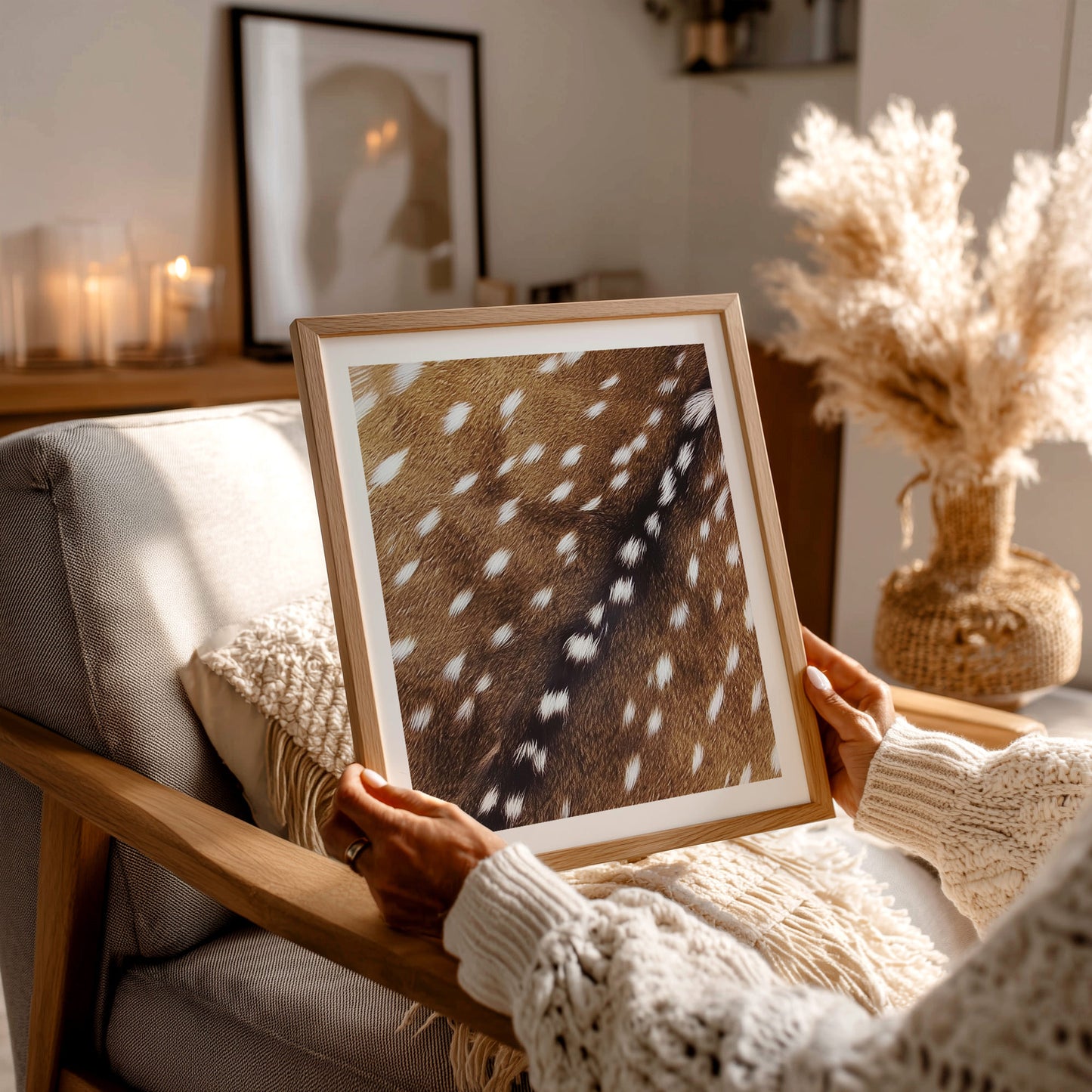 Trendy spotted deer fur animal pattern photography printable wall art fireplace decor