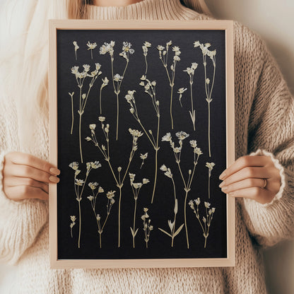 black wall decor
dried flowers
original artwork
botanical wall art
wildflower wall art
nature wall art
farmhouse wall decor
cottagecore wall art
plant lover gift
one of a kind
herbarium decor
grandmother gift
pressed flowers