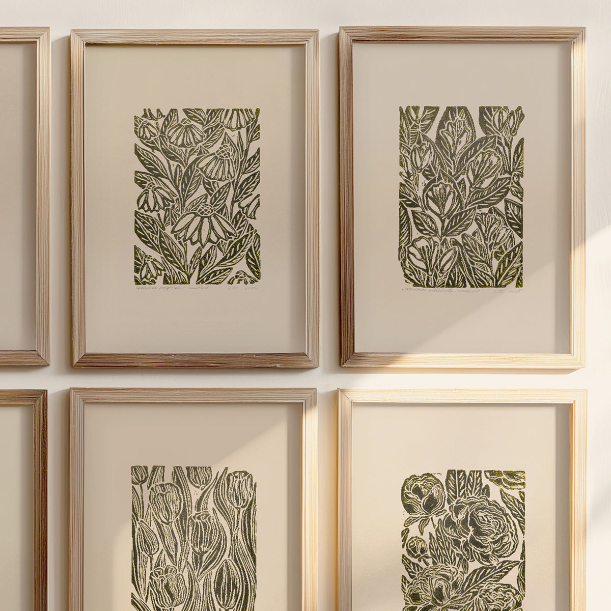 Sage green beige retro cottagecore vintage flowers linocut print gallery wall set of 6 peace original artwork above bed wall art peony iris magnolia jasmine echinacea tulip relief handprint rustic linogravure botanical lino coneflower floral reading nook gift self nature present home office hostess monoprint farmhouse kitchen bedroom sister hallway printmaking sister mom mother godmother wife woman dining Gratitude Entryway Earth Tones housewarming staircase living room bathroom powder quest