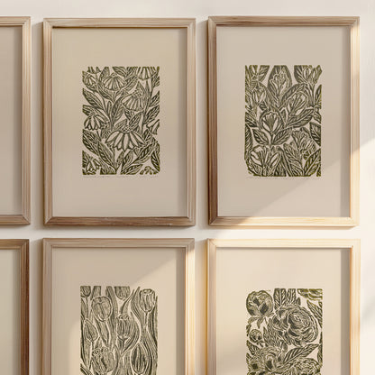 Sage green beige retro cottagecore vintage flowers linocut print gallery wall set of 6 peace original artwork above bed wall art peony iris magnolia jasmine echinacea tulip relief handprint rustic linogravure botanical lino coneflower floral reading nook gift self nature present home office hostess monoprint farmhouse kitchen bedroom sister hallway printmaking sister mom mother godmother wife woman dining Gratitude Entryway Earth Tones housewarming staircase living room bathroom powder quest