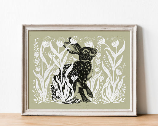 Living room wall art	Nature lover gift	Printable linocut	Cottagecore decor	Digital downloadable	linogravure lino	foraged poster	Bedroom kids rooom	prints Bunny plant	House warming gift	farm relief texture	wildflower vintage	Green rabbit hare