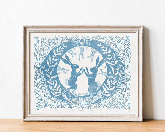 Printable linocut	Cottagecore decor	Digital downloadable	linogravure lino	foraged poster	prints Dancing	Bedroom kids rooom	large children bunny	rabbits floral plant	texture wall art	funny rabbit game	instand download	Light blue spring