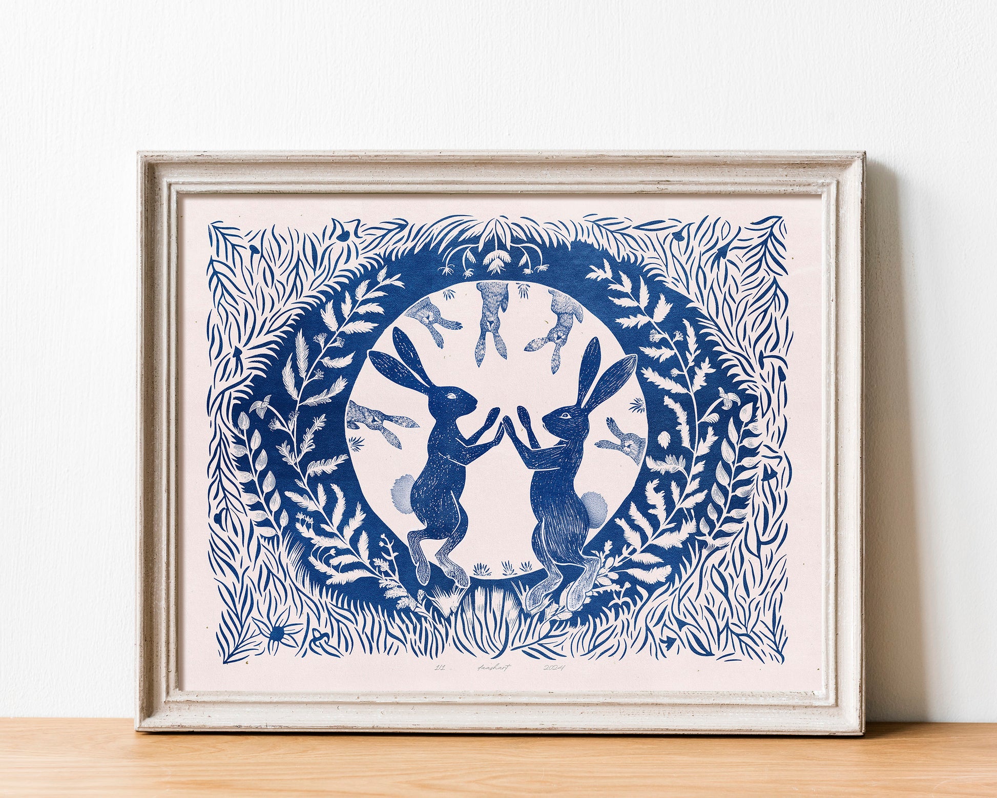 Printable linocut prints Dark blue Dancing rabbits floral plant texture wall art Kids Cottagecore foraged decor Digital downloadable poster Instant download Floral botanical flowers Bedrom Living room poster decor Handmade