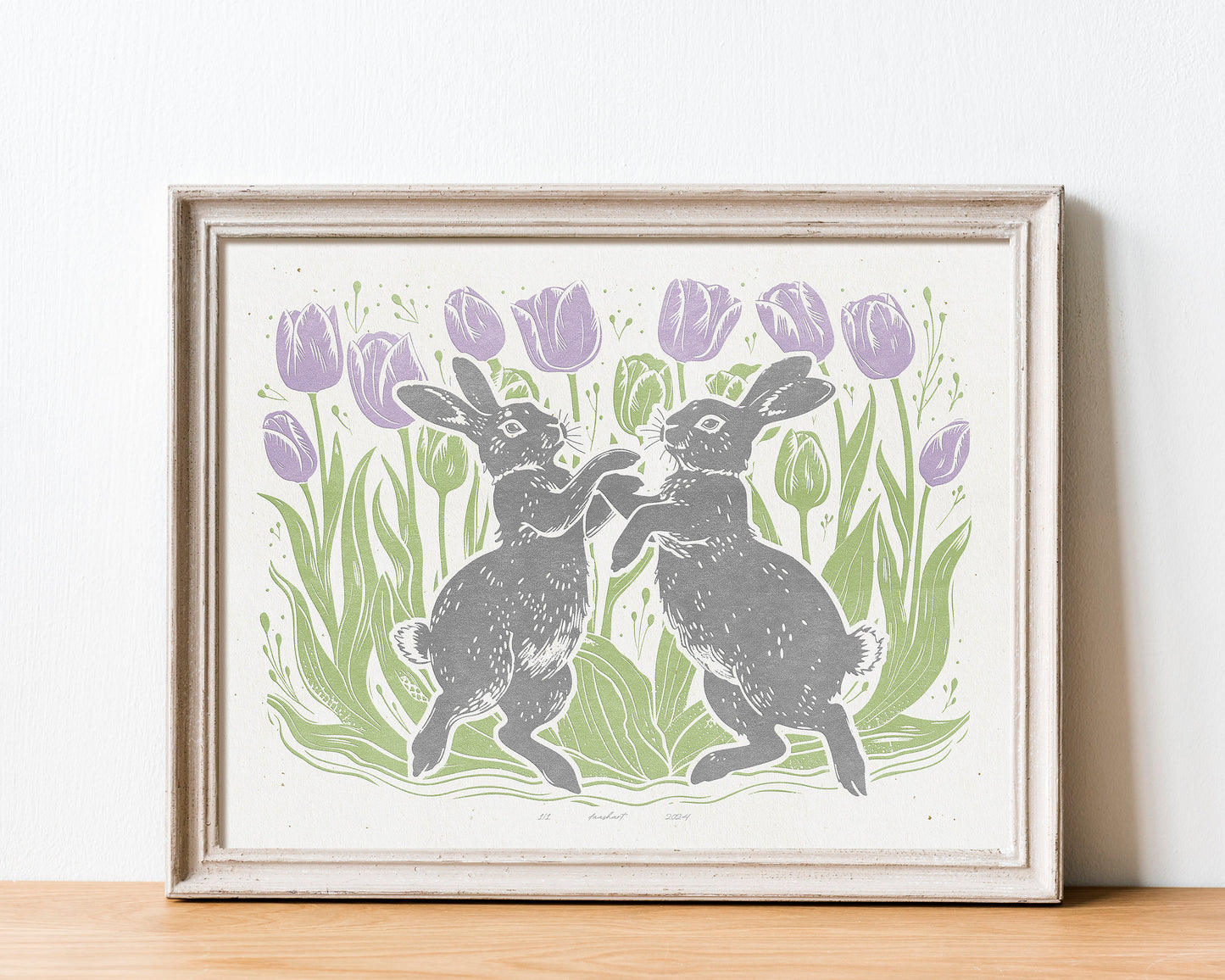Dancing rabbits with tulips flower and plant Printable linocut prints wall art Relief texture Kids decor Digital downloadable poster Bunnies Bunny rabbit Children kids room wall decor art Funny bedroom home workspace illustration