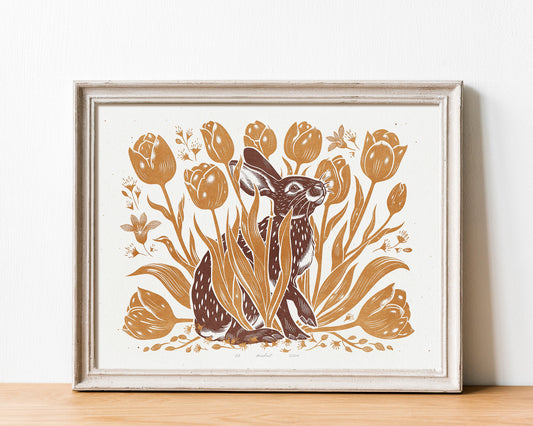 Hare with tulips and plant Printable linocut prints Ochre brown wall art relief lino texture Foraget decor Digital downloadable poster