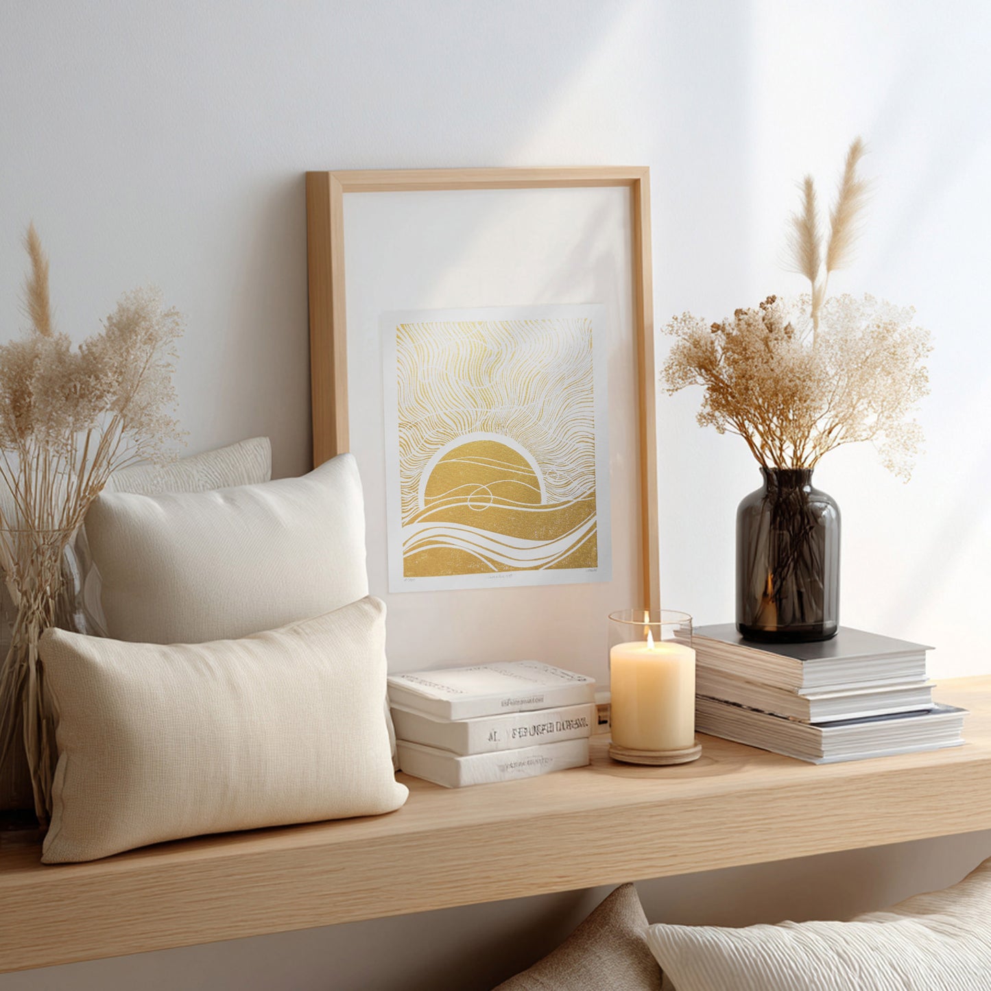 gold boho sun 8x10 inches sunset desert landscape linocut print original artwork living room wall art master bedroom reading nook decor new home newlywed gift rustic linogravure modern lino waves mid century modern mindful rising sun minimalist printmaking bohemian abstract lines contemporary relief handprint geometric unique dopamine eclectic scandinavian trendy aesthetic above bed man cave apartment housewarming dining room dorm entryway laundry office hostess mom mother fall thanksgiving