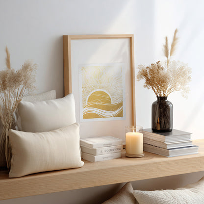gold boho sun 8x10 inches sunset desert landscape linocut print original artwork living room wall art master bedroom reading nook decor new home newlywed gift rustic linogravure modern lino waves mid century modern mindful rising sun minimalist printmaking bohemian abstract lines contemporary relief handprint geometric unique dopamine eclectic scandinavian trendy aesthetic above bed man cave apartment housewarming dining room dorm entryway laundry office hostess mom mother fall thanksgiving