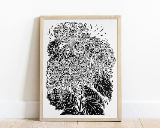 Black japanese chrysanthemum flower Linocut print for Nature lover gift UNFRAMED for modern kitchen or bedroom wall decor