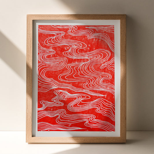 Red Abstract Japanese Cloud Linocut Print Original Artwork Printmaking Modern Living Contemporary Bedroom Home Gift Minimal Holiday Decor One of a kind hand carved, wall hanging, unique Vintage art, unique wall art, trendy wall art, thank you gift boss, teacher appreciation gift, Summer wall art, large wall art, sister in law gift, shelf decor, self gift, rustic artwork, Retro scandinavian artwork, handprint, retirement gift