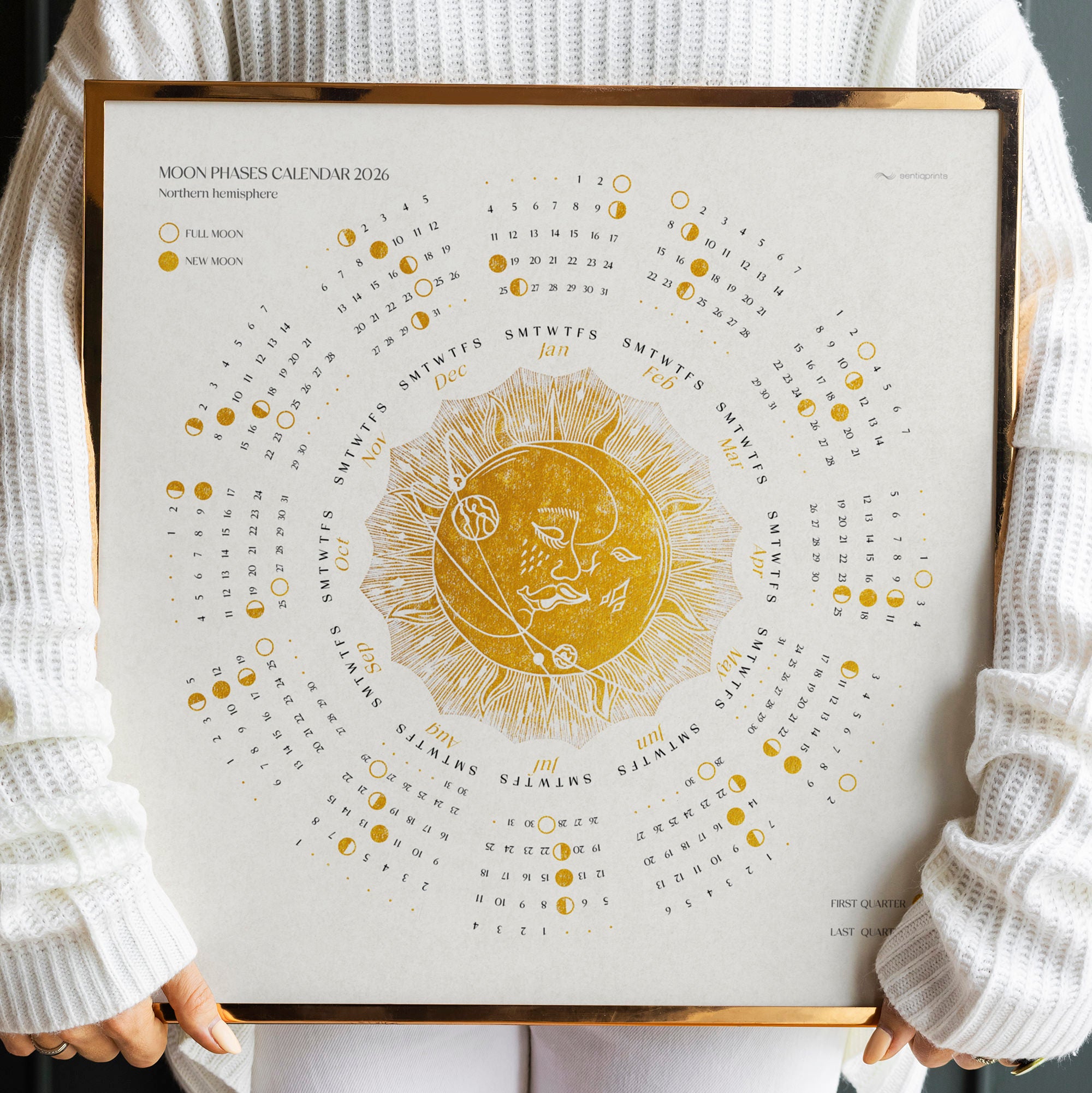 2026 printable lunar yearly calendar poster gold kiss of the moon and sun +  desktop ipad wallpaper new year christmas gift