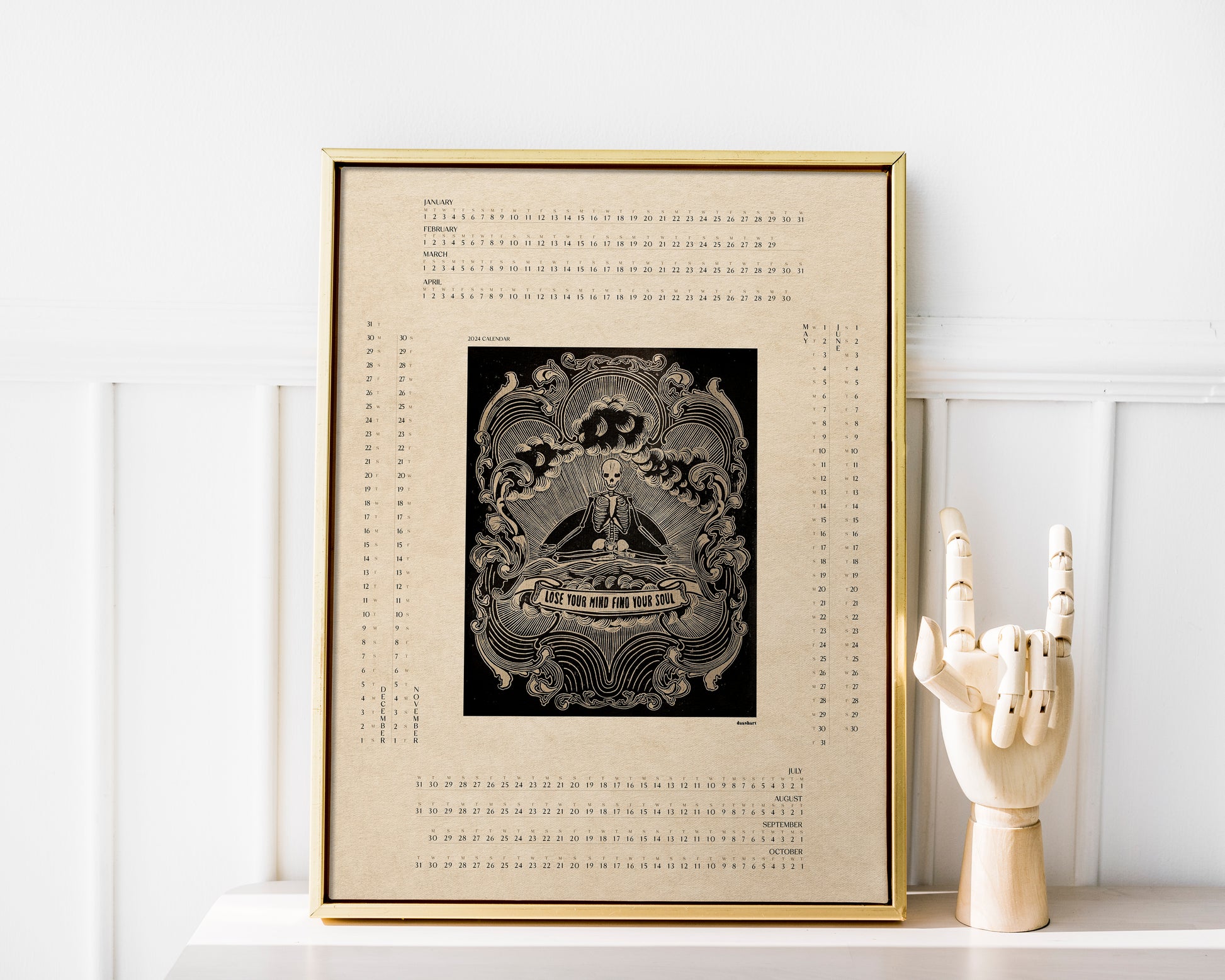 2024 yearly calendar poster with Vintage skeleton Lose your mind find your soul Printable wall art Modern living room decor INSTANT DOWNLOAD, Large linocut print poster, New home gift, northern hemisphere, New year gift, bedroom wall decor, Gothic wall art decor