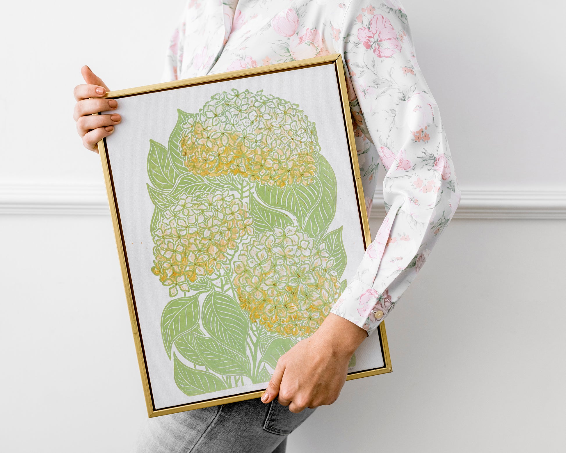 Summer wall art Watercolor hydrangea Yellow green flower and plant Linocut print 12x16 Botanical decor Original artwork Housewarming gift