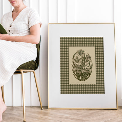 Retro Cottagecore Sage Green Gingham Daffodil Flowers Linocut Prints Floral Printable Bedroom Wall Art Checkered Farm Decor Digital Poster 
 new apartment housewarming gift, new apartment gift, nature wall art, nature lover gift, mothers day gift ideas, mothers day gift from daughter, mothers day gift, mother in law gift, mom birthday gift, Modern kitchen art, long distance gift, living room wall art, Living room wall art, wall hanging, laundry room decor, kitchen wall art, woodland illustration