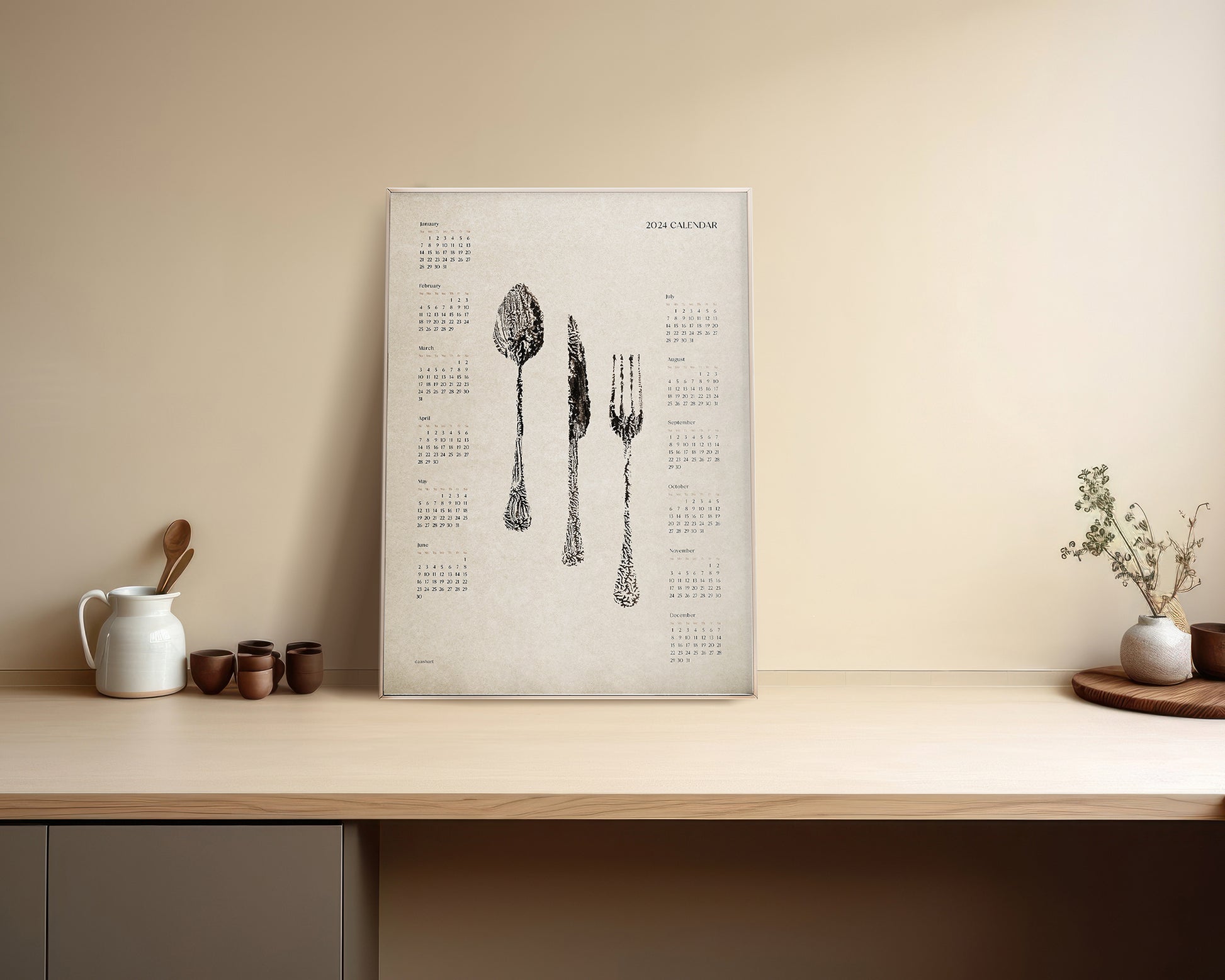 Abstract Spoon fork knife monotype 2024 yearly calendar poster Printable wall art for modern kitchen and dining room decor INSTANT DOWNLOAD, Large poster, digital painting art, New home gift, utensils wall art, northern hemisphere, New year gift wall decor