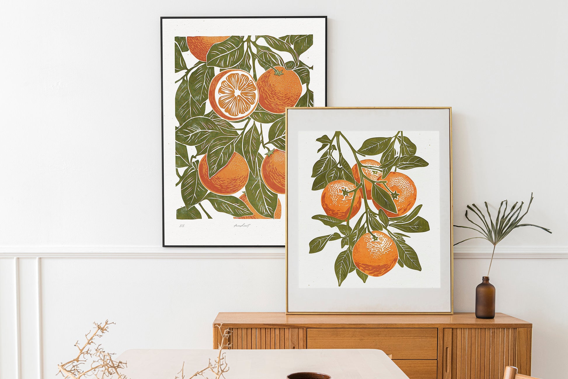 Living room wall art	Nature lover gift	Printable linocut	fruit prints lino	Sage green oranges	foraged texture	Cottagecore decor	Digital downloadable	kitchen Bedroom	linogravure poster	Relief vintage print	modern branch	large retro download