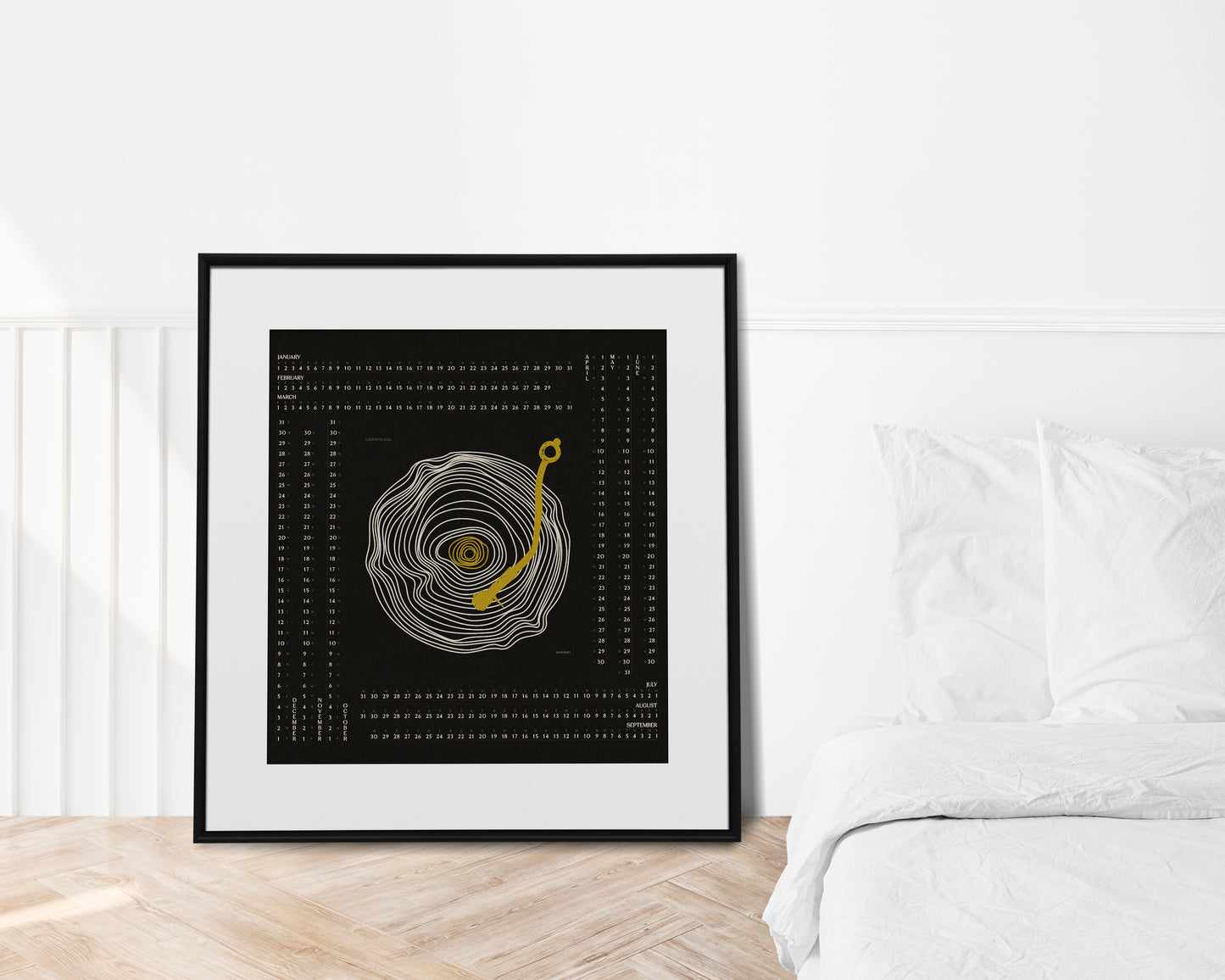 Black abstract line vinyl record Printable yearly calendar 2024 square poster Mid century wall art Music lovers gift INSTANT DOWNLOAD, New home gift, northern hemisphere, Modern bedroom decor, Digital wall art, Mid century wall art decor
