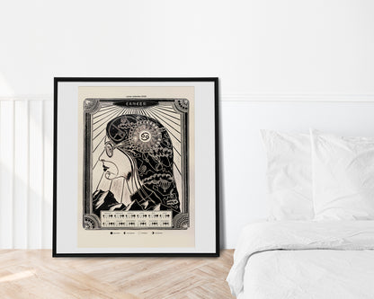 Personalized zodiac saying Lunar calendar 2025 poster with Female portrait linocut prints