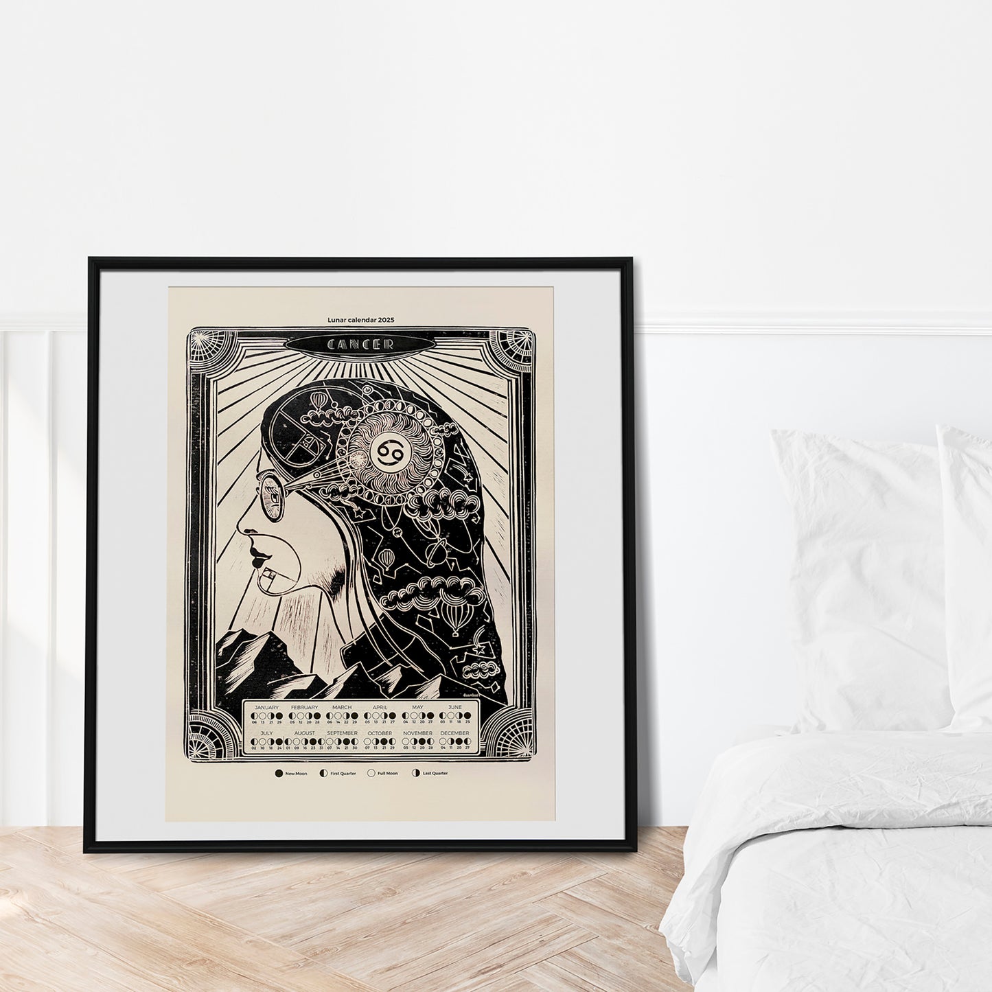 personalized zodiac 2026 moon phases lunar calendar female portrait art deco large linocut prints printable wall art bedroom decor girlfriend new year gift ideas digital poster mother astrology inspired landscape home office contemporary modern chart black bedroom INSTANT DOWNLOAD Aries, Libra, Capricorn, and Cancer, Taurus, Scorpio, Leo, and Aquarius, Gemini, Sagittarius, Virgo, and Pisces new grandma gift, mothers day gift from daughter, mothers day gift ideas, gift for best friend female