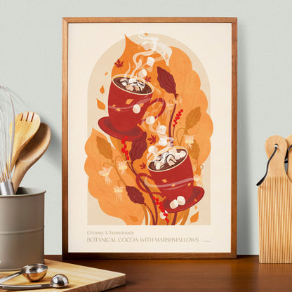 Botanical vintage Cocoa with marshmallow poster Autumn wall art for modern kitchen decor, Floral wall art, hot drink wall decor, fall mood decor, dining room, kids room, bedroom illustration digital