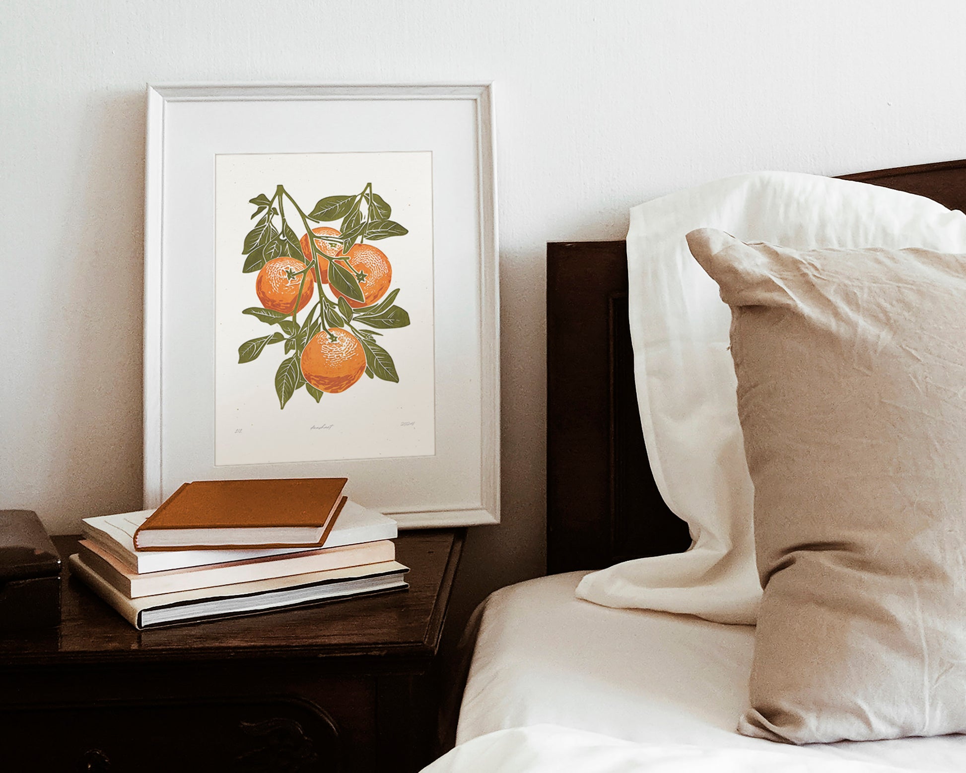 Living room wall art	Nature lover gift	Printable linocut	fruit prints lino	Sage green oranges	foraged texture	Cottagecore decor	Digital downloadable	kitchen Bedroom	linogravure poster	Relief vintage print	modern branch	large retro download