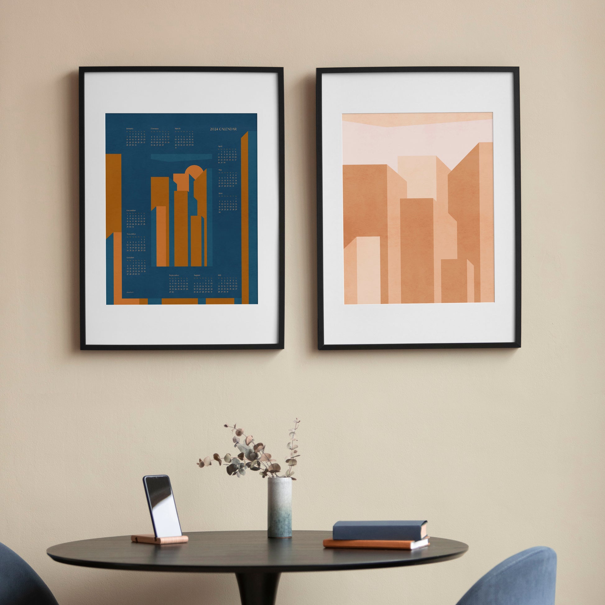 Vintage geometric beige and blue abstract city Gallery wall set of 2 poster and 2024 yearly calendar Printable wall art INSTANT DOWNLOAD, wall art, northern hemisphere, New year gift, Modern living room, bedroom wall decor, Digital large poster, office wall decor