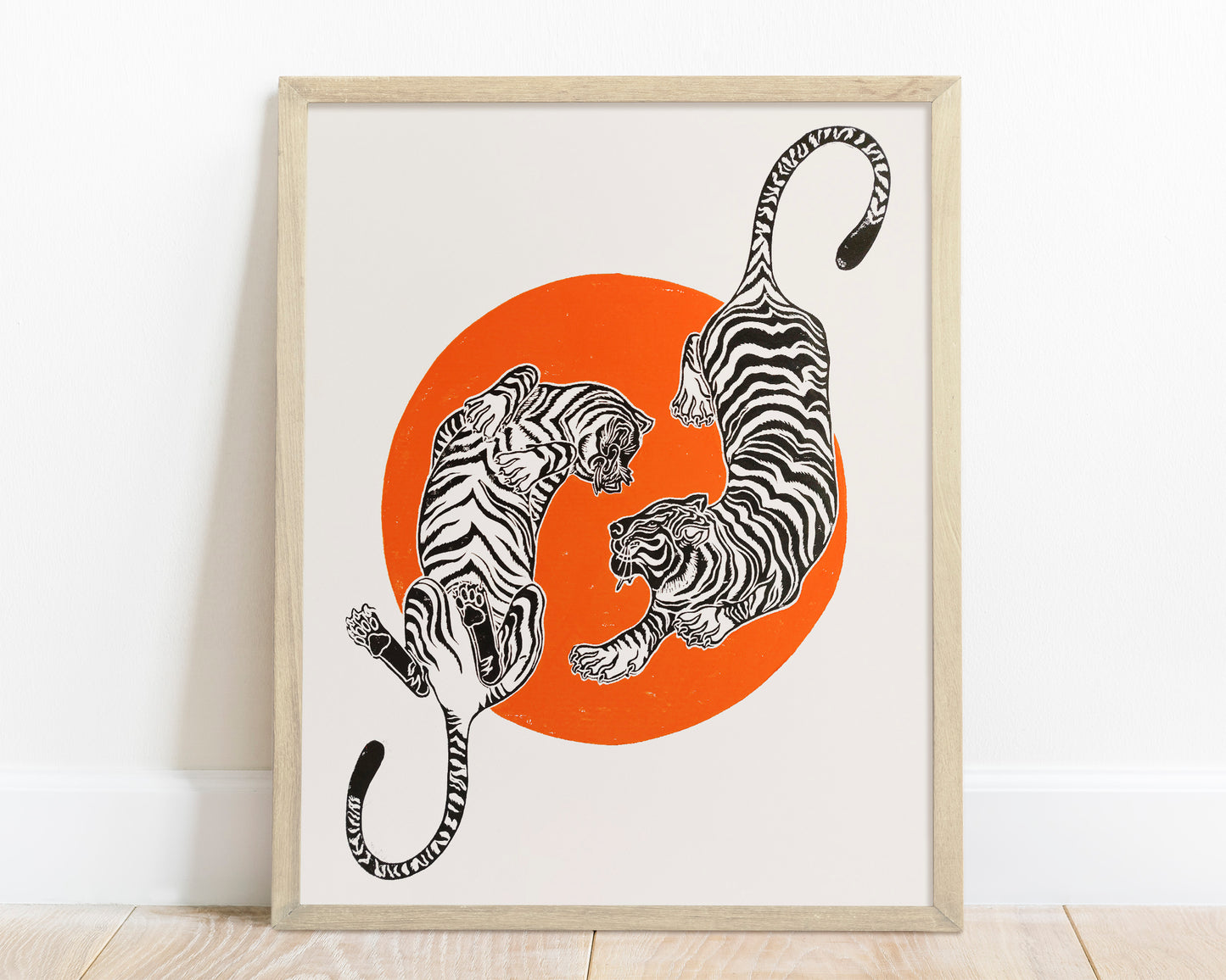 Original artwork Linocut print Black tigers 16x20in Orange sun moon Trendy japanese relief Bedroom wall art decor modern Housewarming gift Lino linogravure Printmaking block Large farm rustic New first home foraged cottagecore