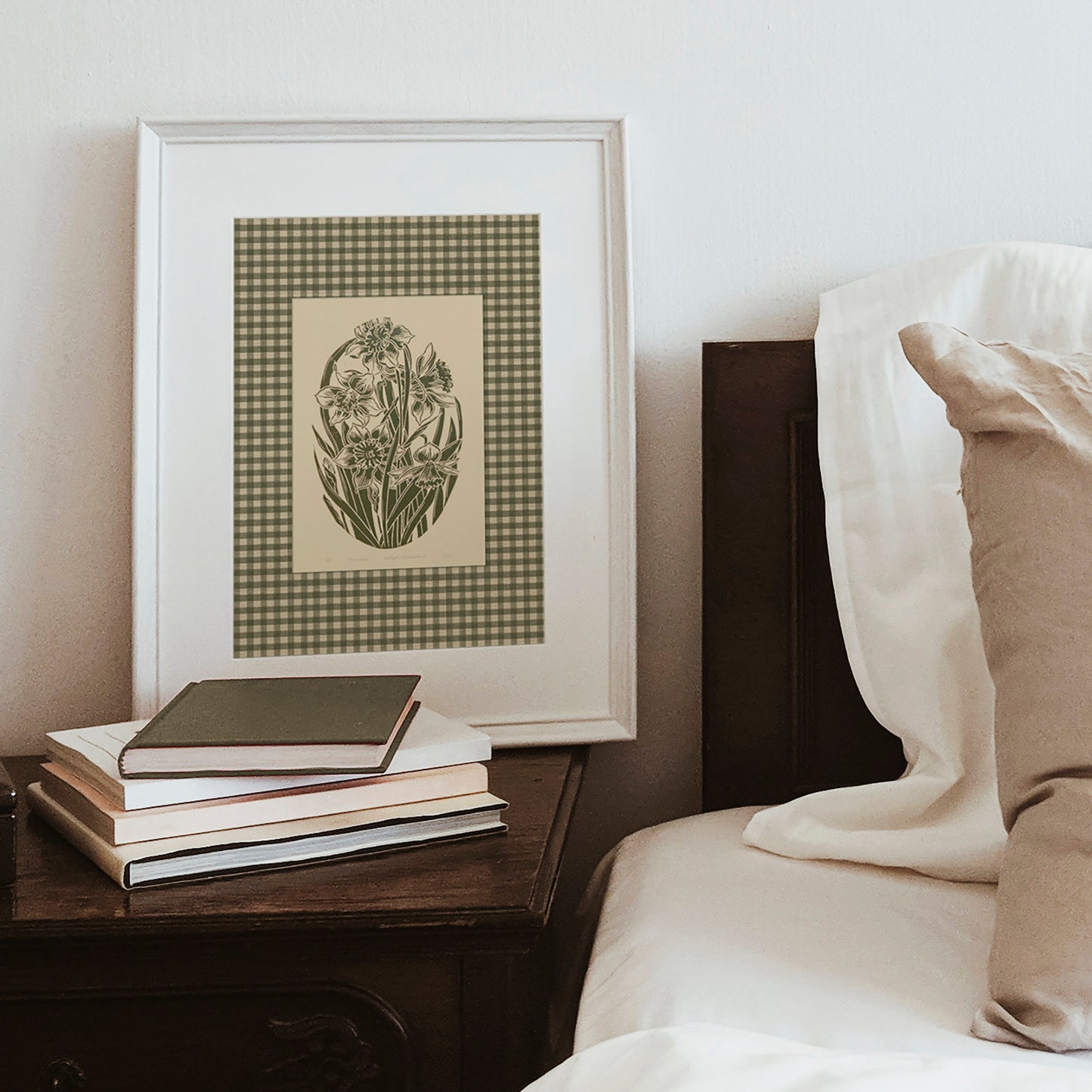 Retro Cottagecore Sage Green Gingham Daffodil Flowers Linocut Prints Floral Printable Bedroom Wall Art Checkered Farm Decor Digital Poster Primary bedroom
 new beginnings gift, slow life, grandma gift, farm reading nook, going away gift for coworker, chateaucore, godparent gift, godmother gift, neutral art, Whimsical, printable wall art, girlfriend gift, gift for the home, coquette room decor, gift for best friend female, engraving, etching, woodcut style, hand printed, traditional