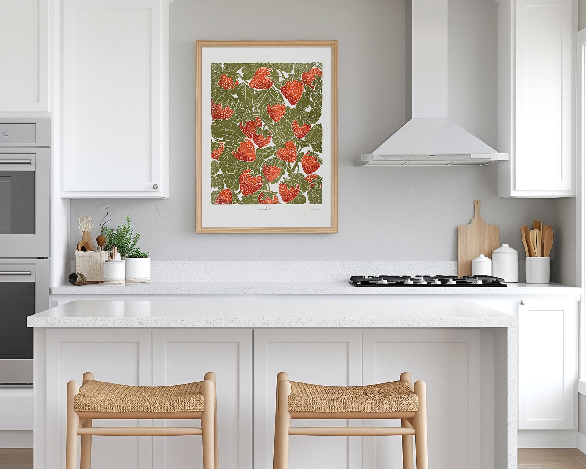 Sage green red strawberries Printable linocut prints wall art Relief texture Foraged farm berry decor Digital downloadable kitchen poster Digital instant download Farm farmhouse rustic Nature lover gift fruit prints lino linogravure vintage Bedroom living room 