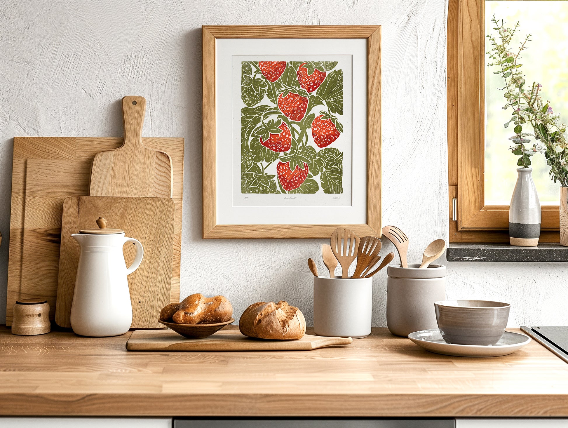 Printable linocut prints Sage green red strawberries wall art Relief texture Cottagecore berry decor Digital downloadable kitchen poster  fruit prints lino linogravure vintage Bedroom living room kitchen dining room  berry farm farmhouse	Foraged cottagecore rustic wall handmade texture instant download