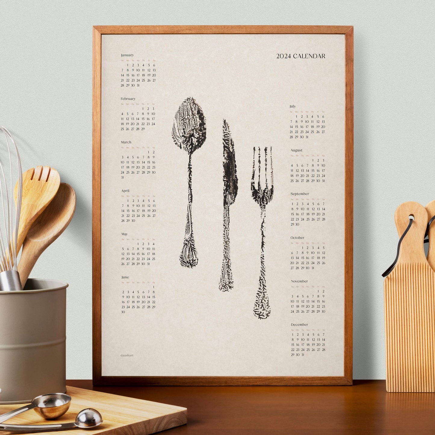 Abstract Spoon fork knife monotype 2024 yearly calendar poster Printable wall art for modern kitchen and dining room decor INSTANT DOWNLOAD, Large poster, digital painting art, New home gift, utensils wall art, northern hemisphere, New year gift wall decor