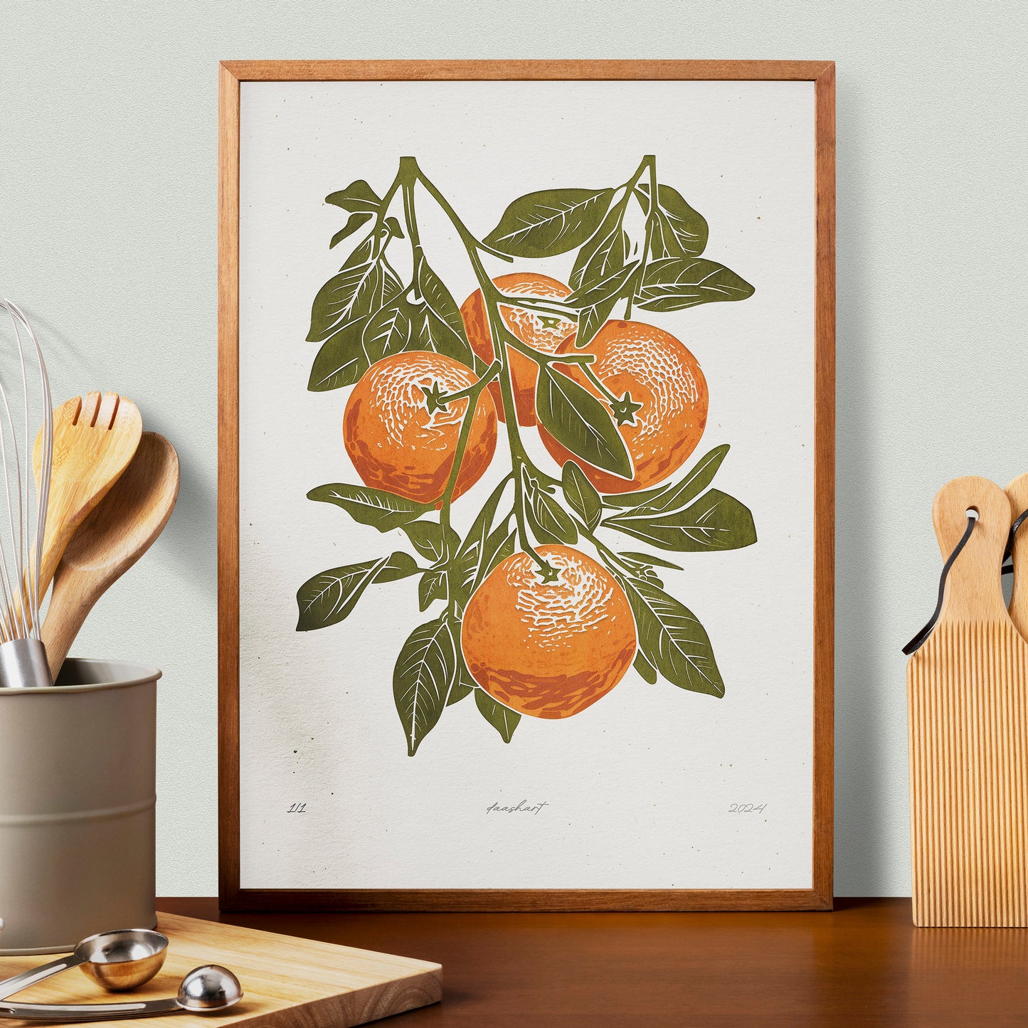 Living room wall art	Nature lover gift	Printable linocut	fruit prints lino	Sage green oranges	foraged texture	Cottagecore decor	Digital downloadable	kitchen Bedroom	linogravure poster	Relief vintage print	modern branch	large retro download