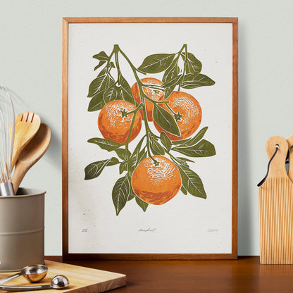 Living room wall art	Nature lover gift	Printable linocut	fruit prints lino	Sage green oranges	foraged texture	Cottagecore decor	Digital downloadable	kitchen Bedroom	linogravure poster	Relief vintage print	modern branch	large retro download