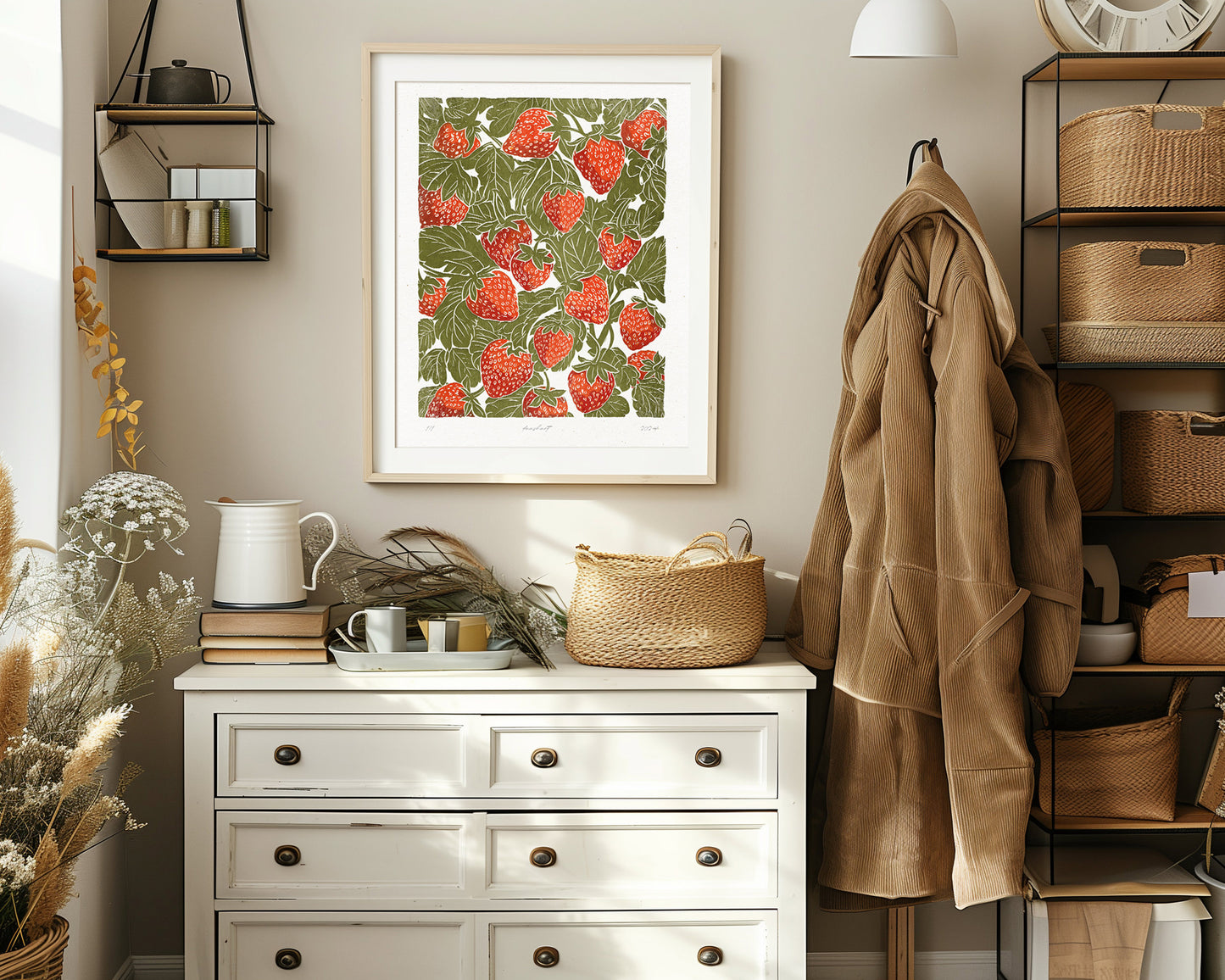 Sage green red strawberries Printable linocut prints wall art Relief texture Foraged farm berry decor Digital downloadable kitchen poster Digital instant download Farm farmhouse rustic Nature lover gift fruit prints lino linogravure vintage Bedroom living room 