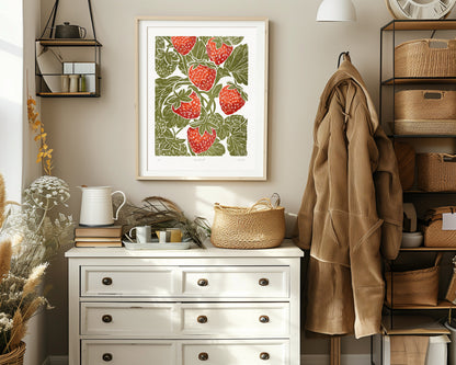 Printable linocut prints Sage green red strawberries wall art Relief texture Cottagecore berry decor Digital downloadable kitchen poster  fruit prints lino linogravure vintage Bedroom living room kitchen dining room  berry farm farmhouse	Foraged cottagecore rustic wall handmade texture instant download