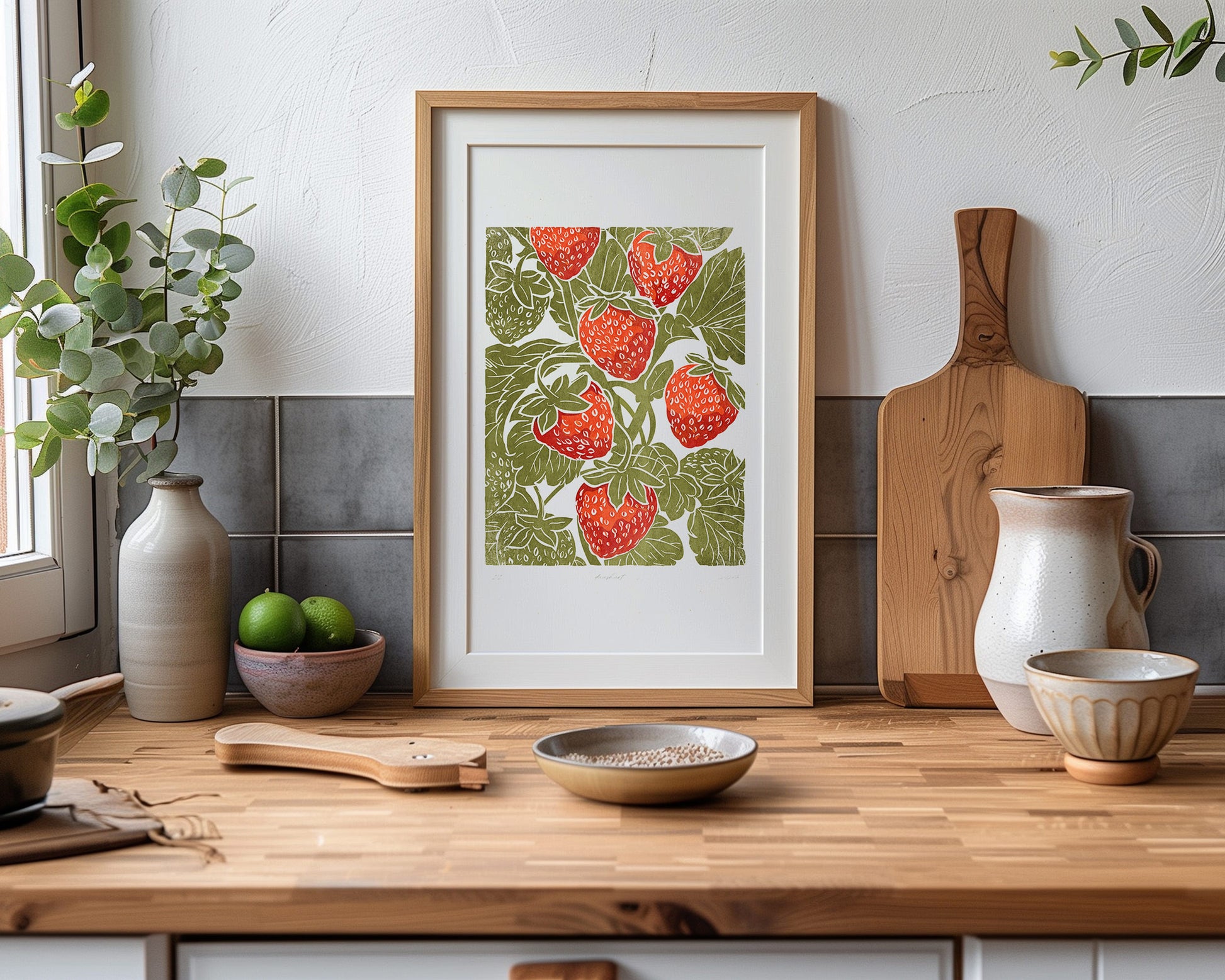 Printable linocut prints Sage green red strawberries wall art Relief texture Cottagecore berry decor Digital downloadable kitchen poster  fruit prints lino linogravure vintage Bedroom living room kitchen dining room  berry farm farmhouse	Foraged cottagecore rustic wall handmade texture instant download