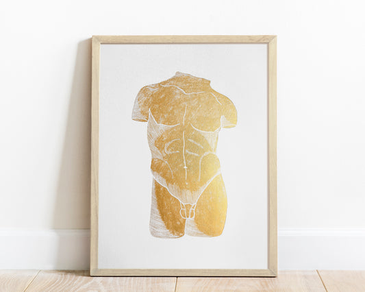 Gold bust nude man Linocut print for New home gift UNFRAMED Housewarming gift New home gift Living room or bedroom decor 16x12 Original artwork Classical wall decor