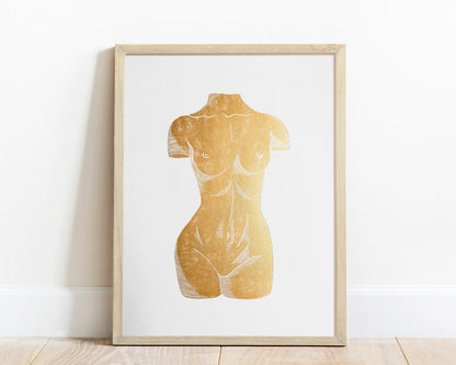 Gold bust nude woman Linocut print for New home gift UNFRAMED Housewarming gift New home gift Living room or bedroom decor 16x12 Original artwork Classical wall decor