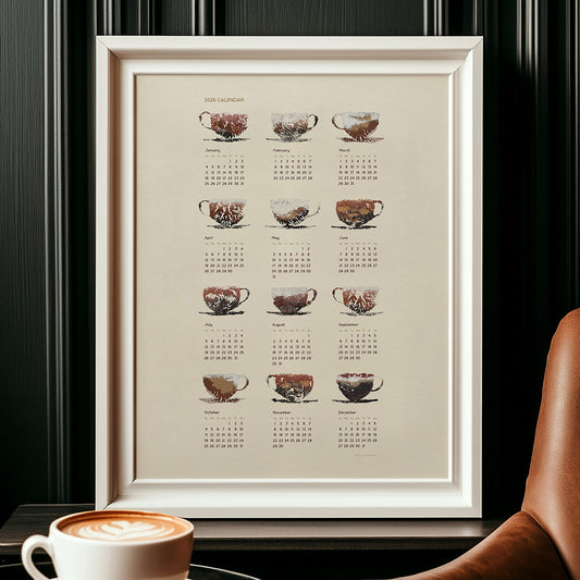 abstract coffee monotype prints 2026 yearly calendar printable wall art modern kitchen dining room decor new year ideas coffee lover gift digital poster warm earth tones barista present hostess 2026 contemporary monoprint download downloadable scandinavian minimalist  illustration relief textured shabby chic moody aesthetic bedroom dorm laundry mens home office decor mindfulness new home gift self housewarming heirloom  mom mother wife gift for her him sister girlfriend boyfriend coworker