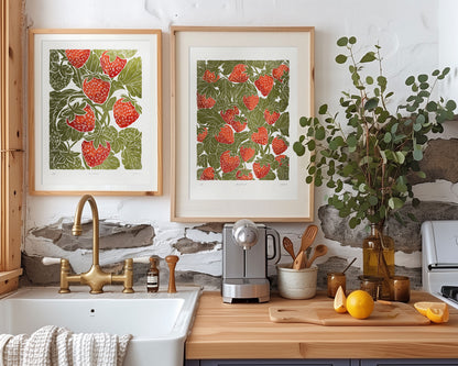 Printable linocut prints Sage green red strawberries wall art Relief texture Cottagecore berry decor Digital downloadable kitchen poster  fruit prints lino linogravure vintage Bedroom living room kitchen dining room  berry farm farmhouse	Foraged cottagecore rustic wall handmade texture instant download