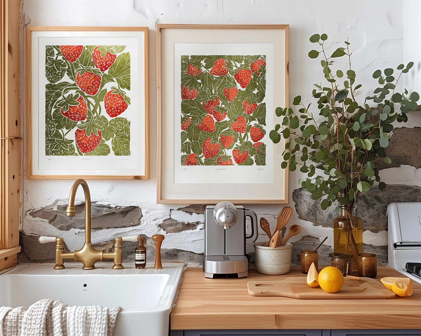 Sage green red strawberries Printable linocut prints wall art Relief texture Foraged farm berry decor Digital downloadable kitchen poster Digital instant download Farm farmhouse rustic Nature lover gift fruit prints lino linogravure vintage Bedroom living room 