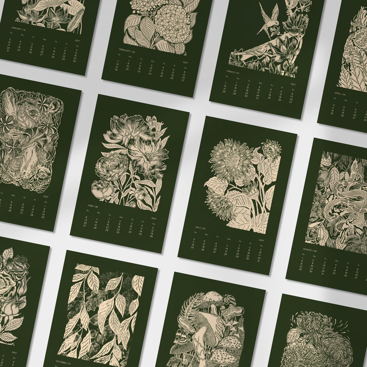 Dark green printable botanical flowers monthly 11x17in linocut prints illustrated calendar living room wall art home office decor new year hostess gift grandmother gift INSTANT DOWNLOAD 2027 wall calendar floral lino nature lover bedroom self vintage christmas xmas digital product modern kitchen plant Cottagecore large hostess vertical coworker housewarming new homeowner friend downloadable rustic hanging farmhouse mother grandmother sister wife women farm girlfriend foraged godmother for her
