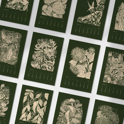 Dark green printable botanical flowers monthly 11x17in linocut prints illustrated calendar living room wall art home office decor new year hostess gift grandmother gift INSTANT DOWNLOAD 2027 wall calendar floral lino nature lover bedroom self vintage christmas xmas digital product modern kitchen plant Cottagecore large hostess vertical coworker housewarming new homeowner friend downloadable rustic hanging farmhouse mother grandmother sister wife women farm girlfriend foraged godmother for her