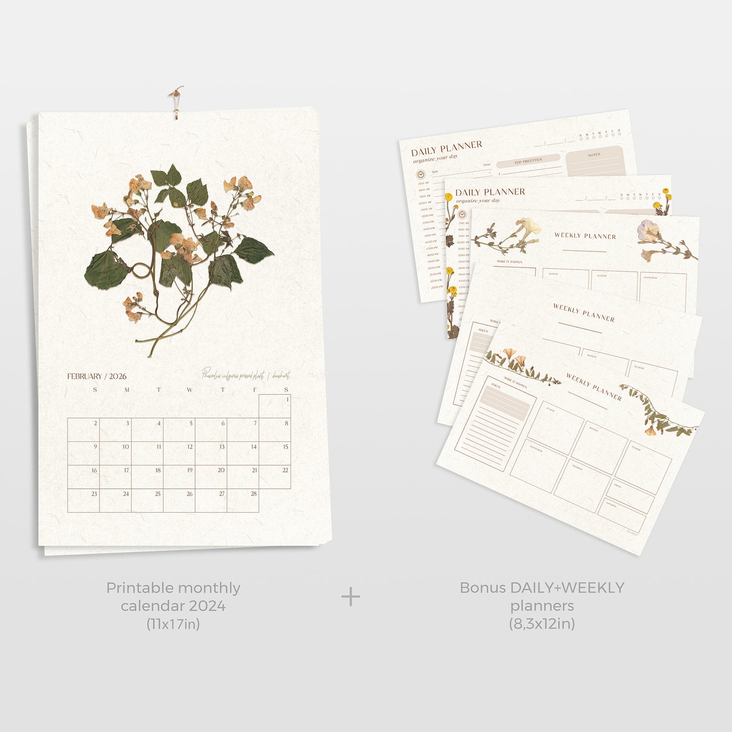2026 Large Printable Calendar Monthly Planner 11x17in Vintage Pressed Flower and Plants Wall Herbarium Cottagecore Decor INSTANT DOWNLOAD