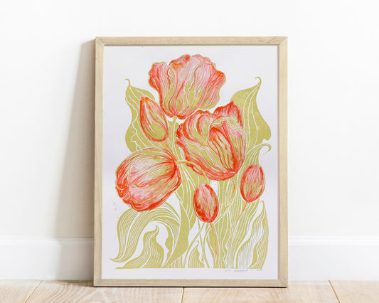 Watercolor red painting Linocut print
Linogravure lino
Floral farm rustic
Botanical relief
Original printmaking
Modern kitchen
new first home
Summer wall art
artwork block decor
Nature lover gift
tulips flowers
rustic housewarming
