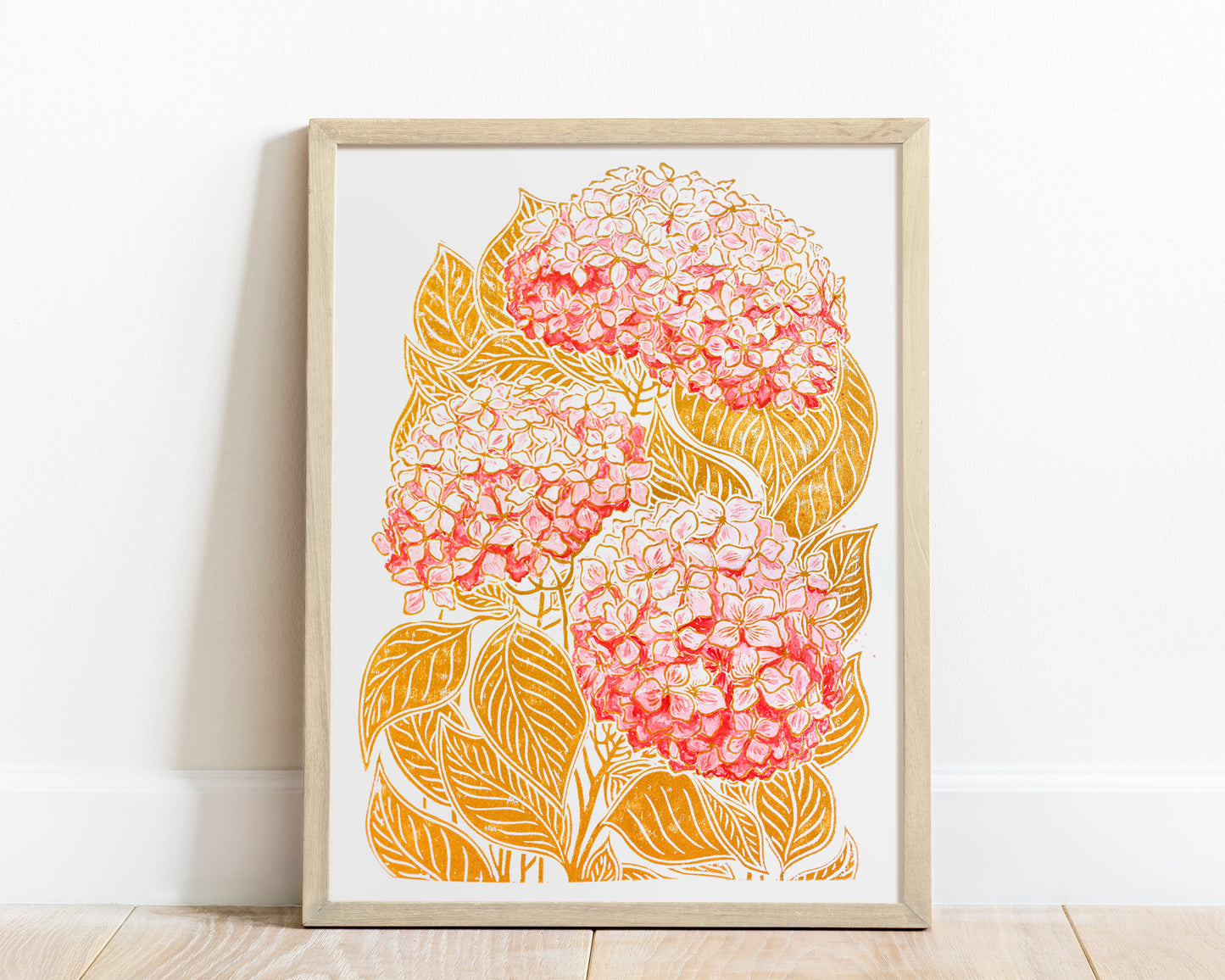 Summer wall art Watercolor hydrangea Pink ochre flower and plant Linocut print 12x16 Botanical decor Original artwork Housewarming gift