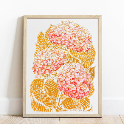 Ochre and pink watercolor hydrangea flowers Linocut print Botanical wall hanging art decor lino print, linogravure. printmaking, relief print, block print, wall hanging, unique wall art, trendy wall art, thank you gift boss, teacher appreciation gift, Summer wall art, Spring wall art, sister in law gift, shelf decor, self gift, rustic wall art, retirement gift, realtor closing gift, Plant print, plant lover gift, original artwork, one of a kind, nurse gift