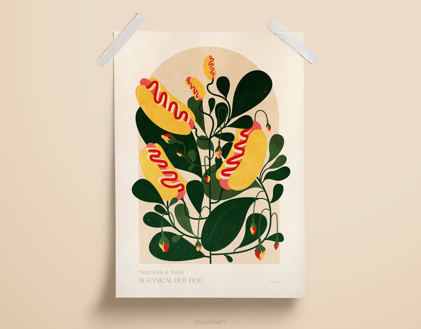 Botanical vintage hot dog with mustard ketchup in bun poster Printable wall art for modern kitchen and bedroom room decor