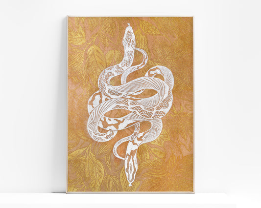 Printable linocut print White floral snake with gold magnolia flower Botanical autumn wall art poster Nature lover gift INSTANT DOWNLOAD,  Living room wall art, Farmhouse decor, foraged wall decor, cottagecore wall art, autumn wall art, Boho snake poster