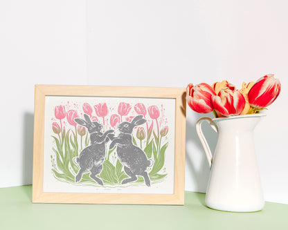 Printable linocut prints Dancing rabbits with tulips flower and plant wall art Relief texture Cottagecore decor Digital downloadable poster Kids children room Pink gray sage green color illustration Instant download Farm modern bedroom decor